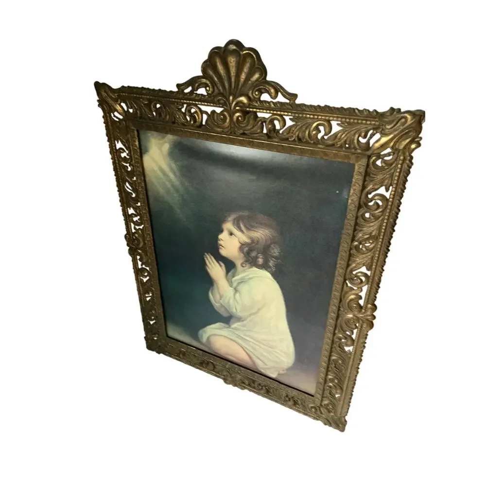 Gorgeous Vintage Brass Frame Currently Has Print of Girl Praying NO GLASS